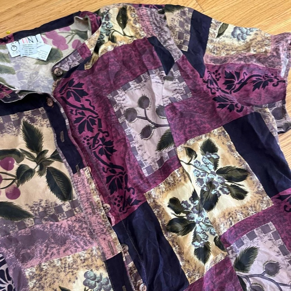 Vintage Patchwork Button-Down Shirt 100% Silk Pur… - image 2